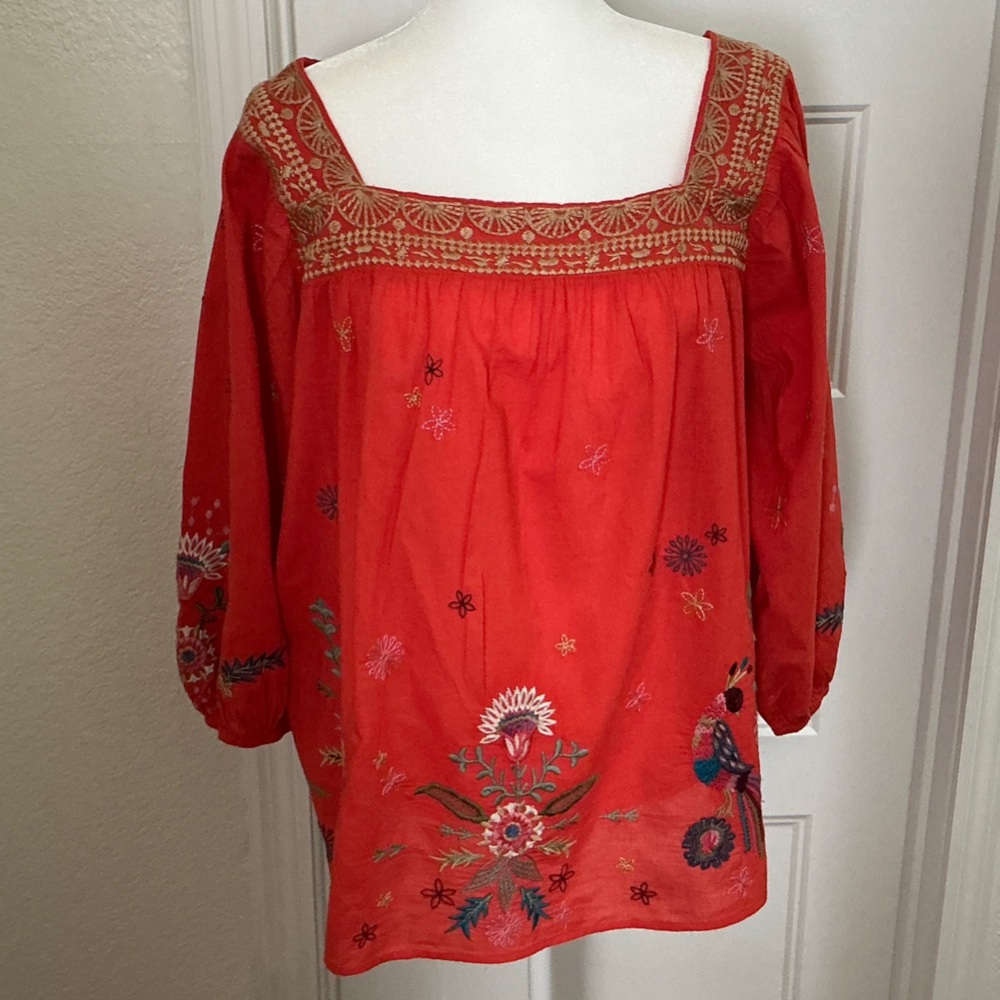 Johnny Was Red Embroidered Blouse